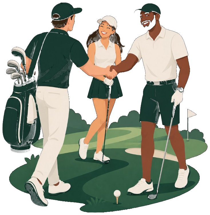 Three golfers meeting on a fairway — two shaking hands, one holding a club.
